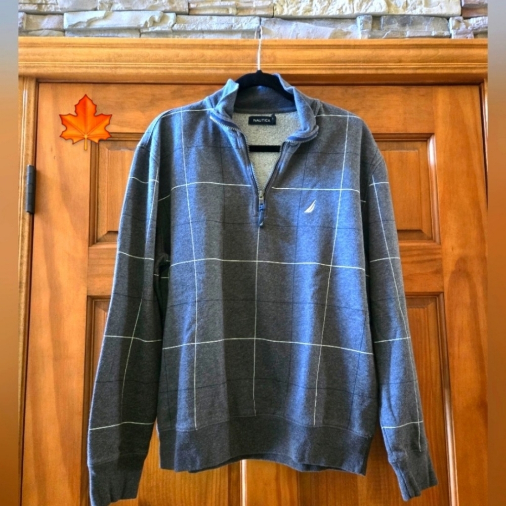 NAUTICA - Navy Blue Plaid Checked 1/4 Zip-Neck Sweatshirt, Mens L